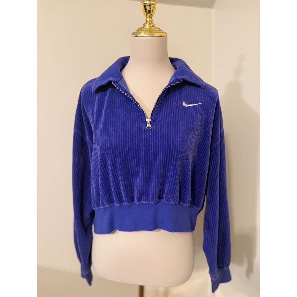Nike Rib Velour Quarter Zip Crop Pullover Women’s M Lapis Blue Swoosh